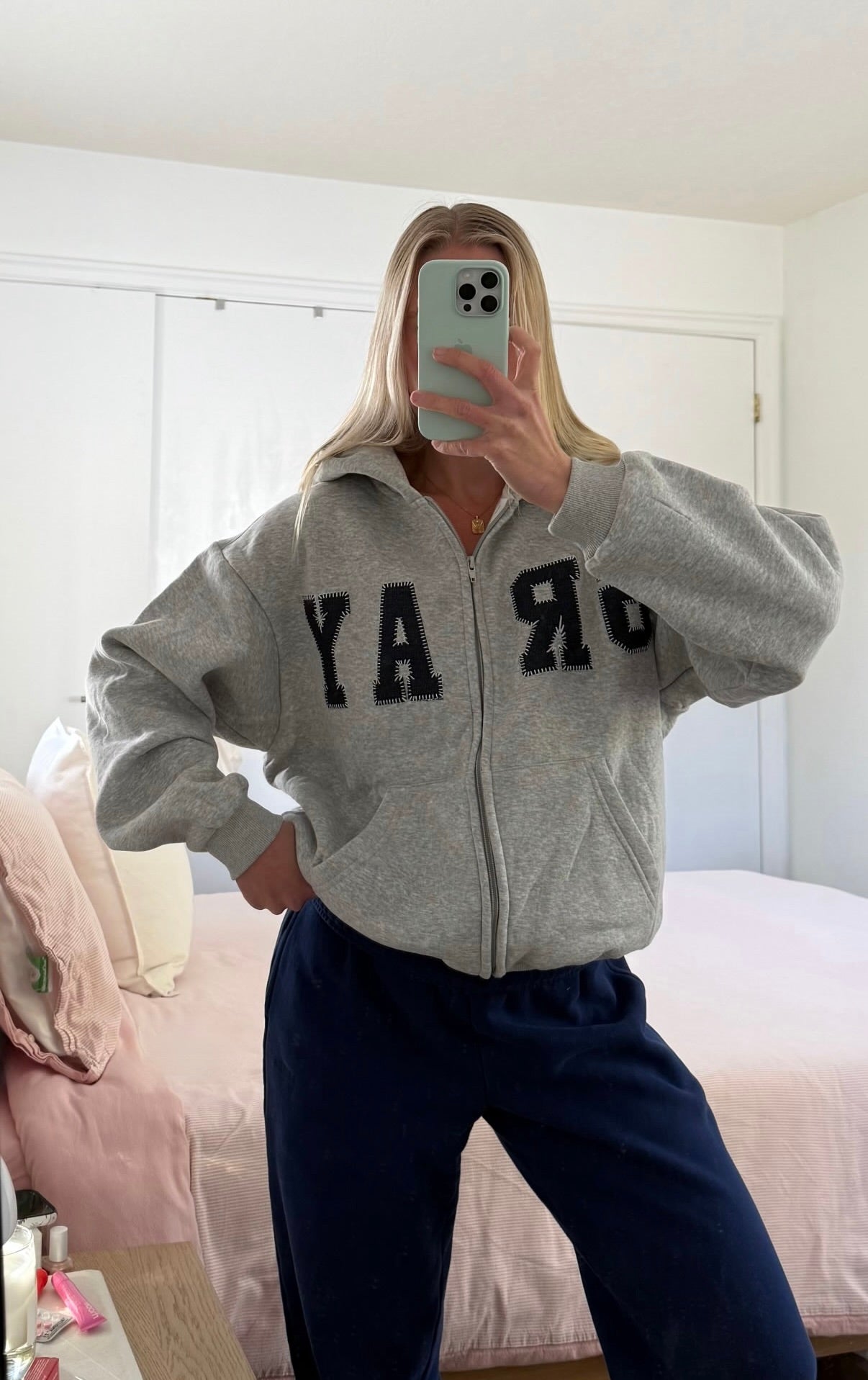 GRAY Zip Up Hoodie in Light Gray/Denim