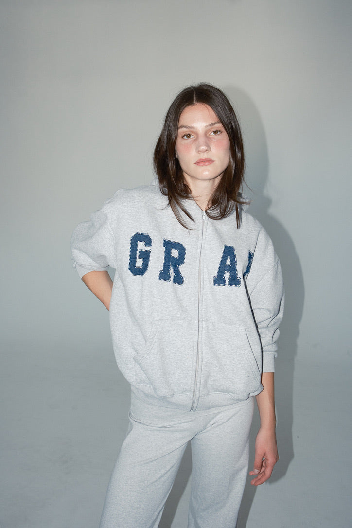 GRAY Zip Up Hoodie in Light Gray/Denim