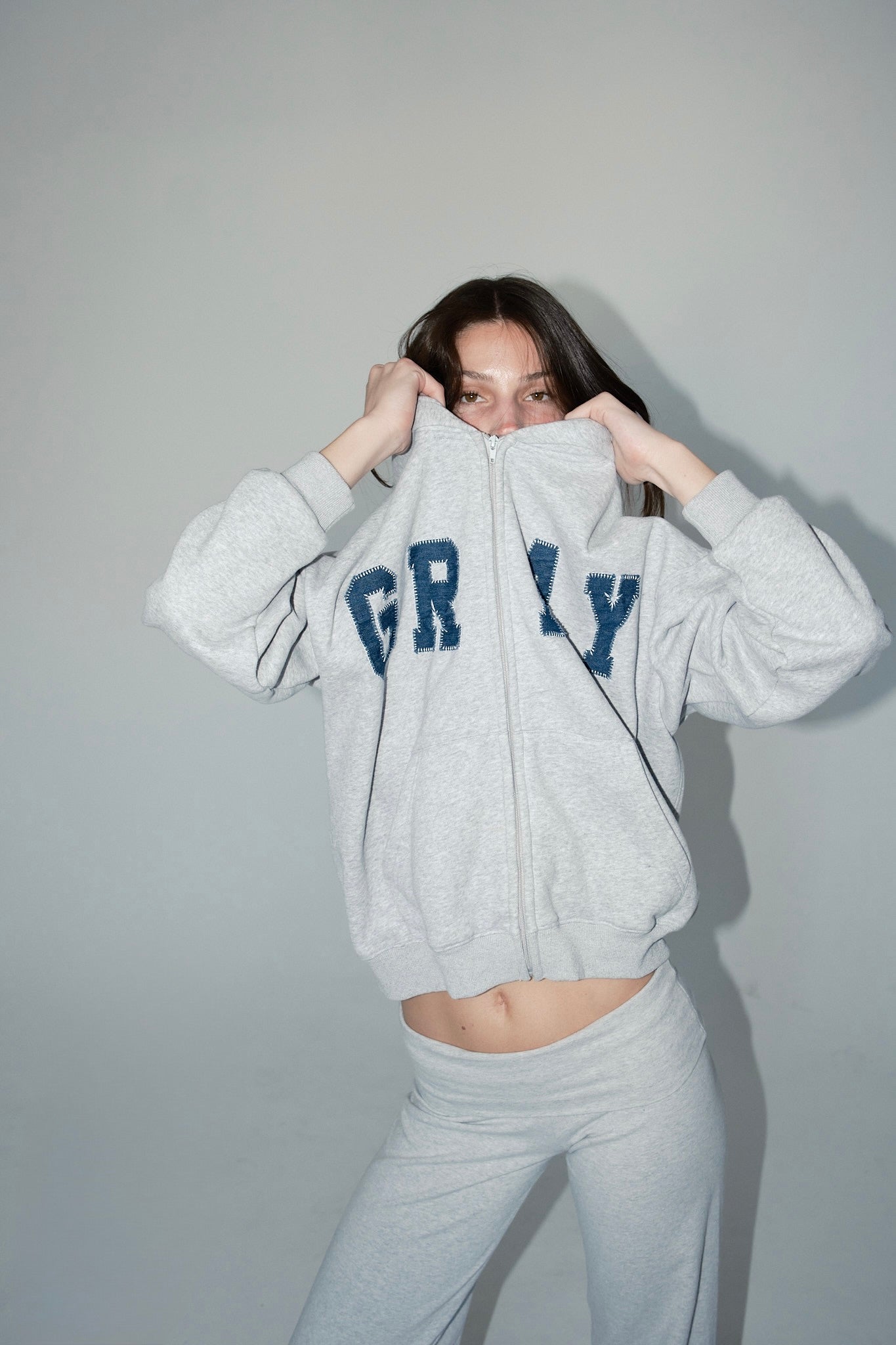 GRAY Zip Up Hoodie in Light Gray/Denim