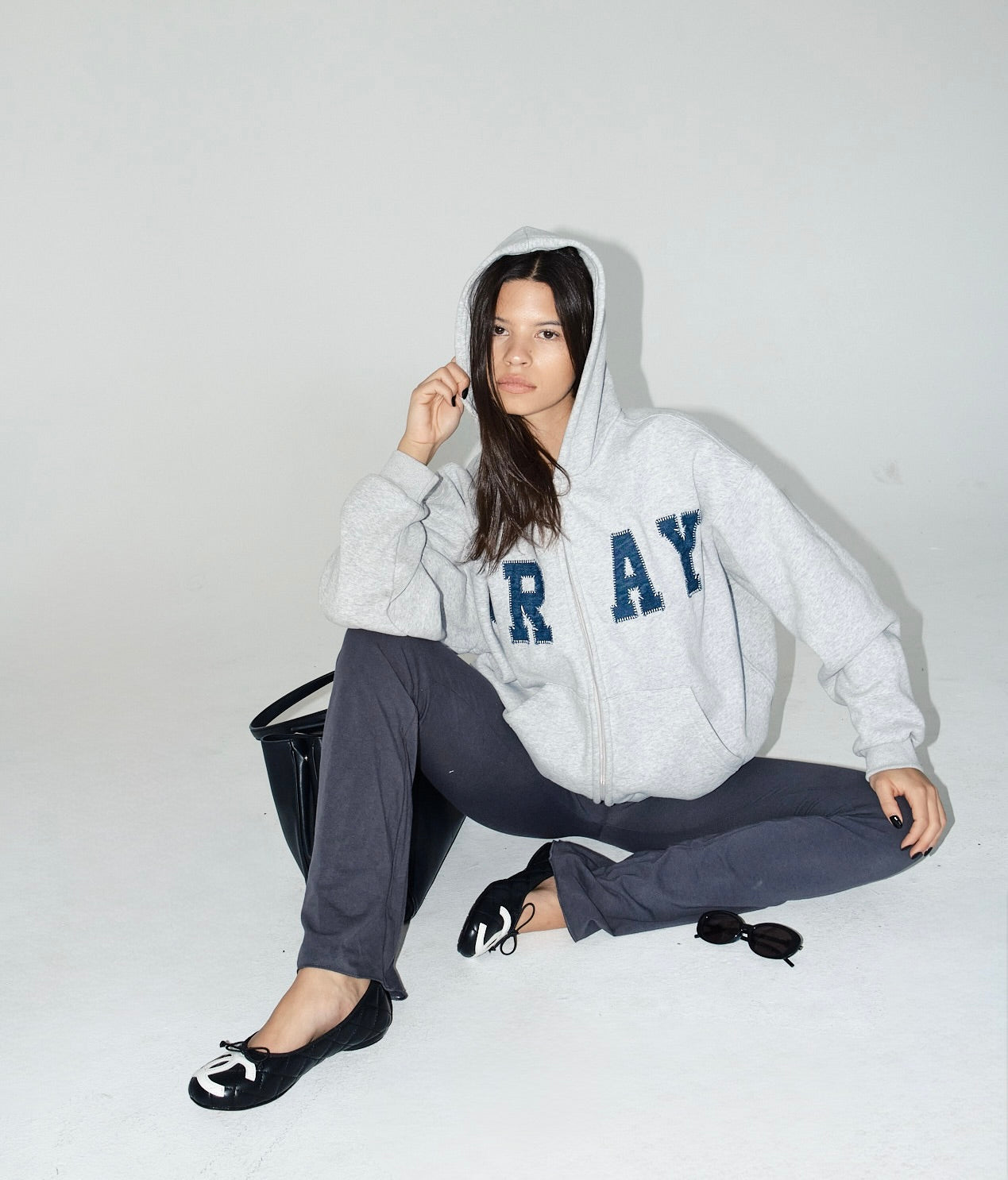 GRAY Zip Up Hoodie in Light Gray/Denim