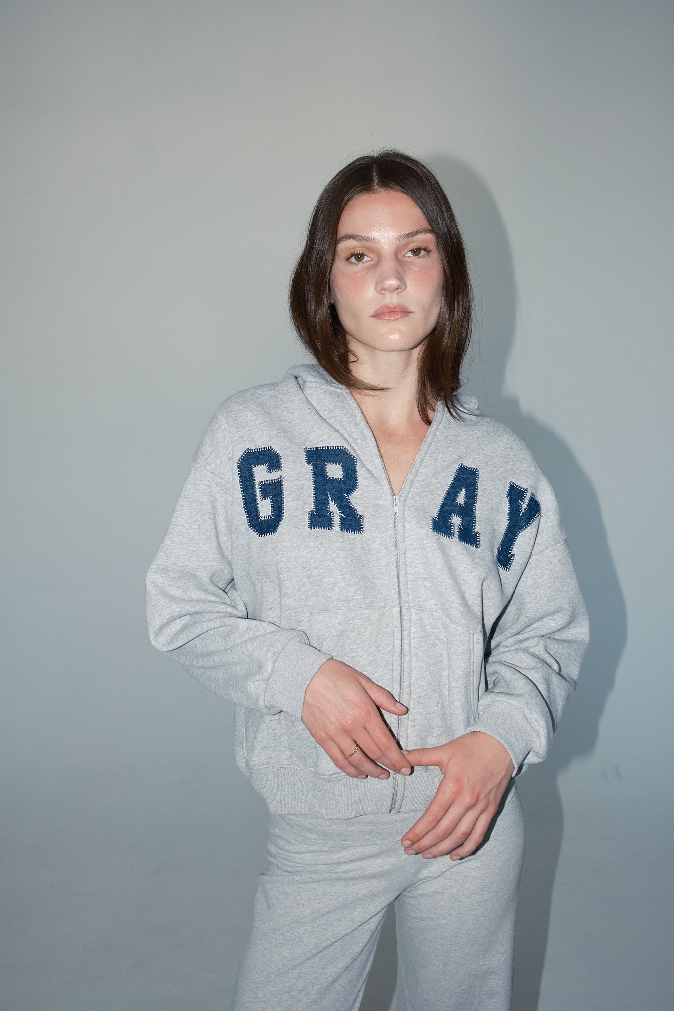 GRAY Zip Up Hoodie in Light Gray/Denim